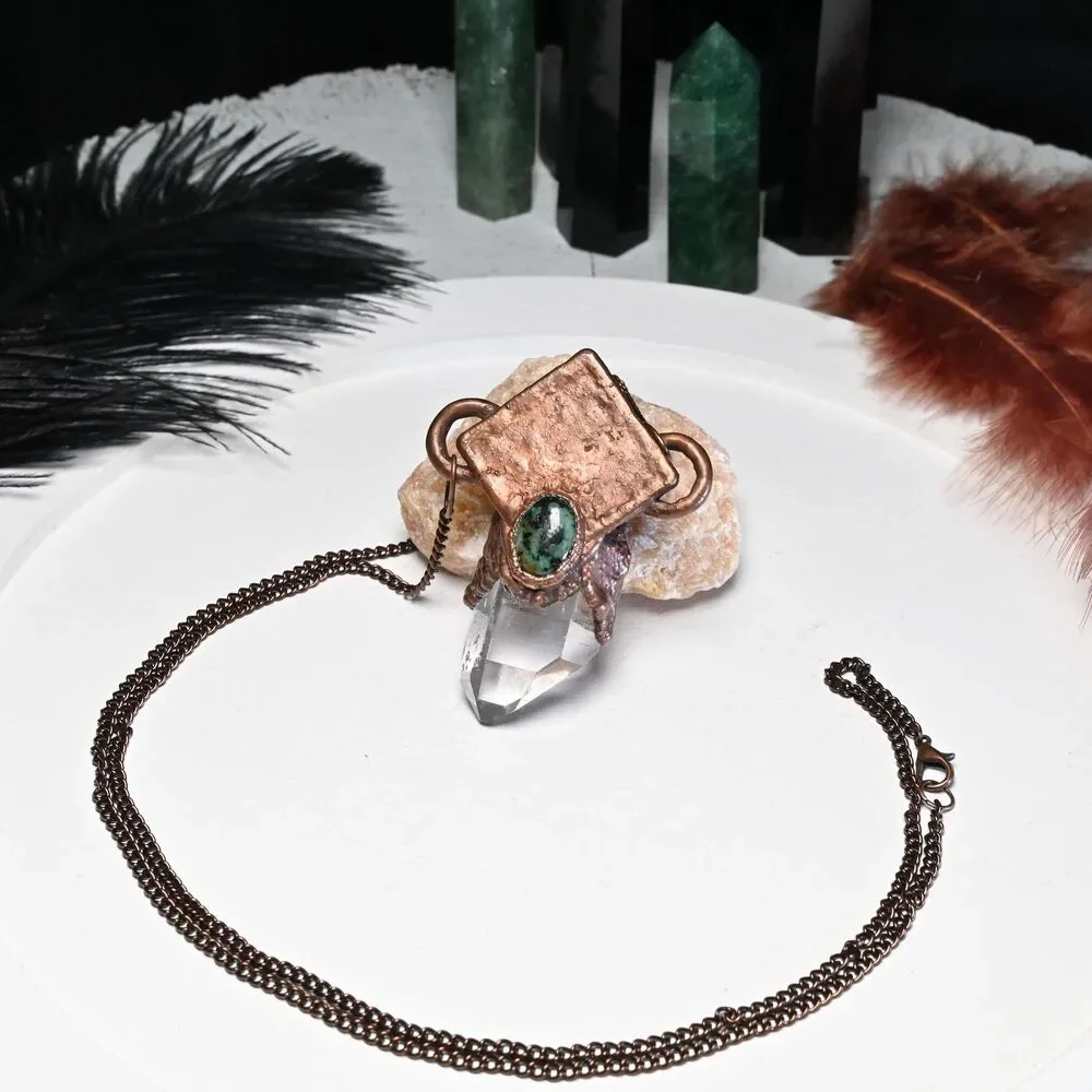 Copper Electroformed Diamond Green Jasper Quartz Crystal Necklace